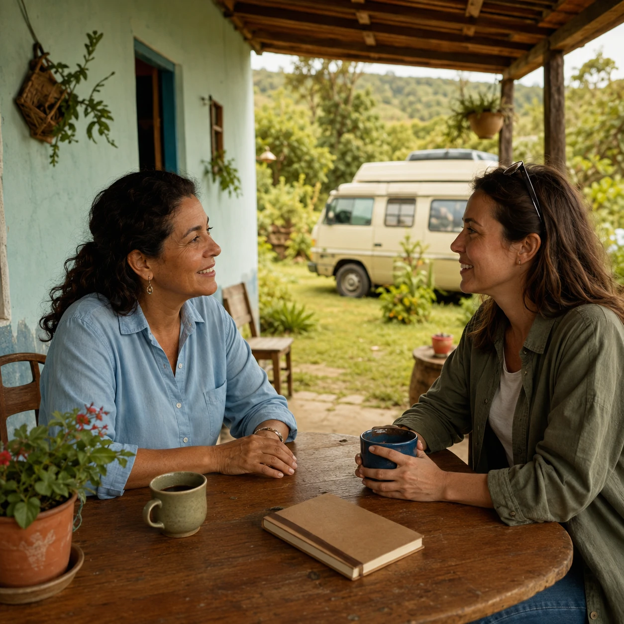 Anfitriã e viajante conversando tranquilamente à mesa na varanda, com uma van ao fundo