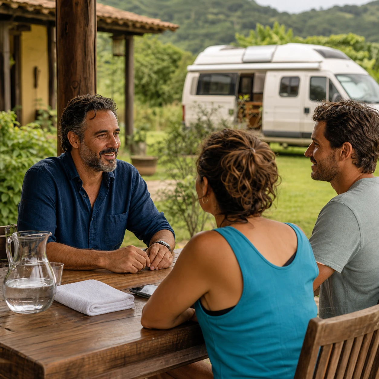 Anfitrião conversando com viajantes sobre os serviços de seu ponto de apoio