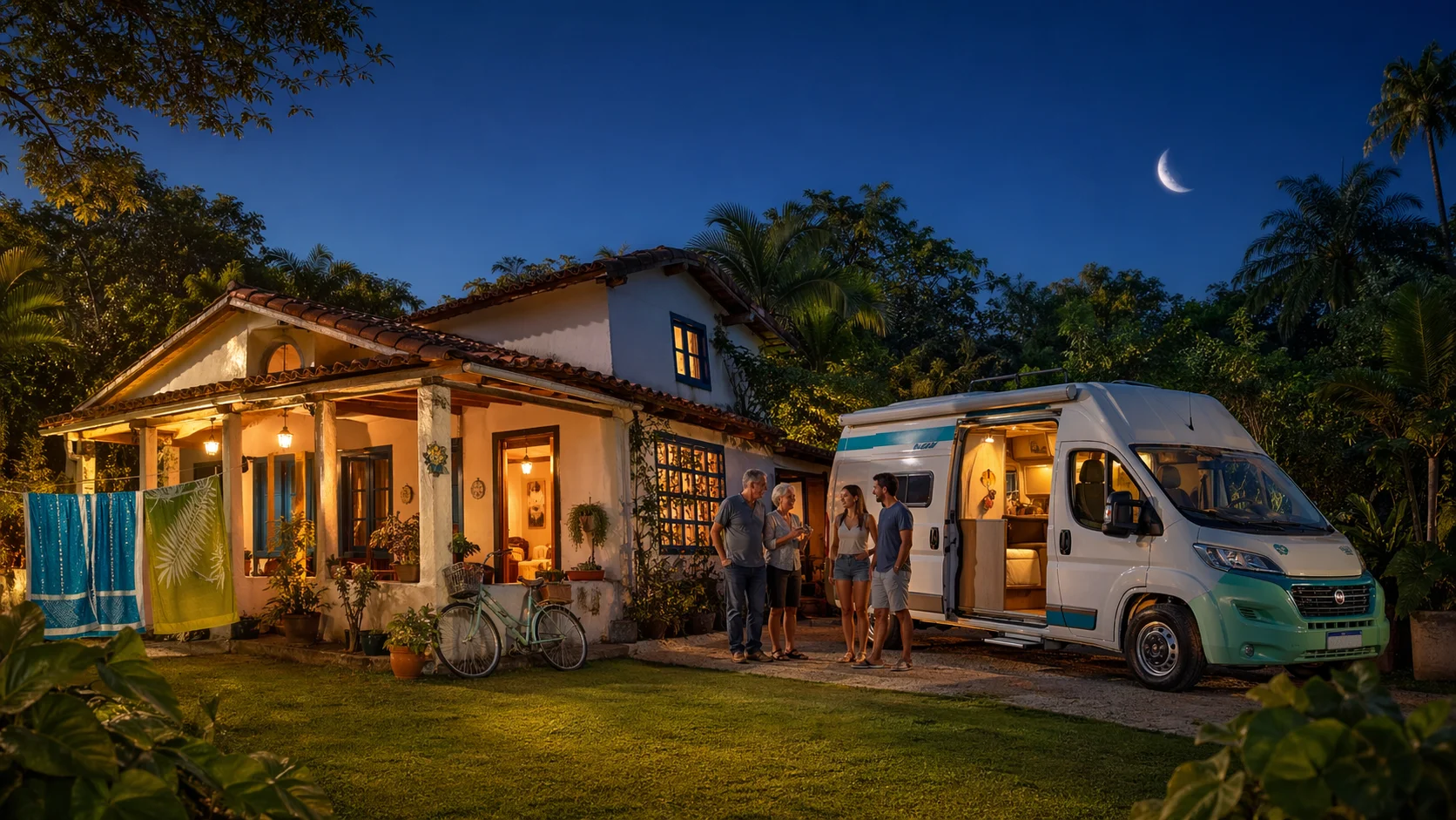 Motorhome estacionado ao lado de uma casa acolhedora no fim da tarde