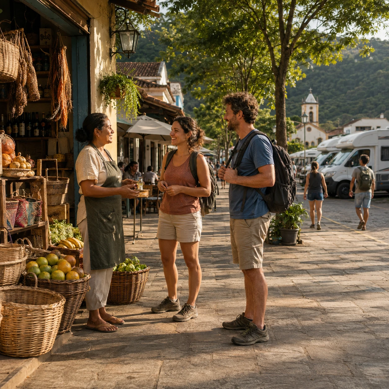 Viajantes conversando com uma comerciante em uma cidade acolhedora, com motorhomes estacionados ao fundo