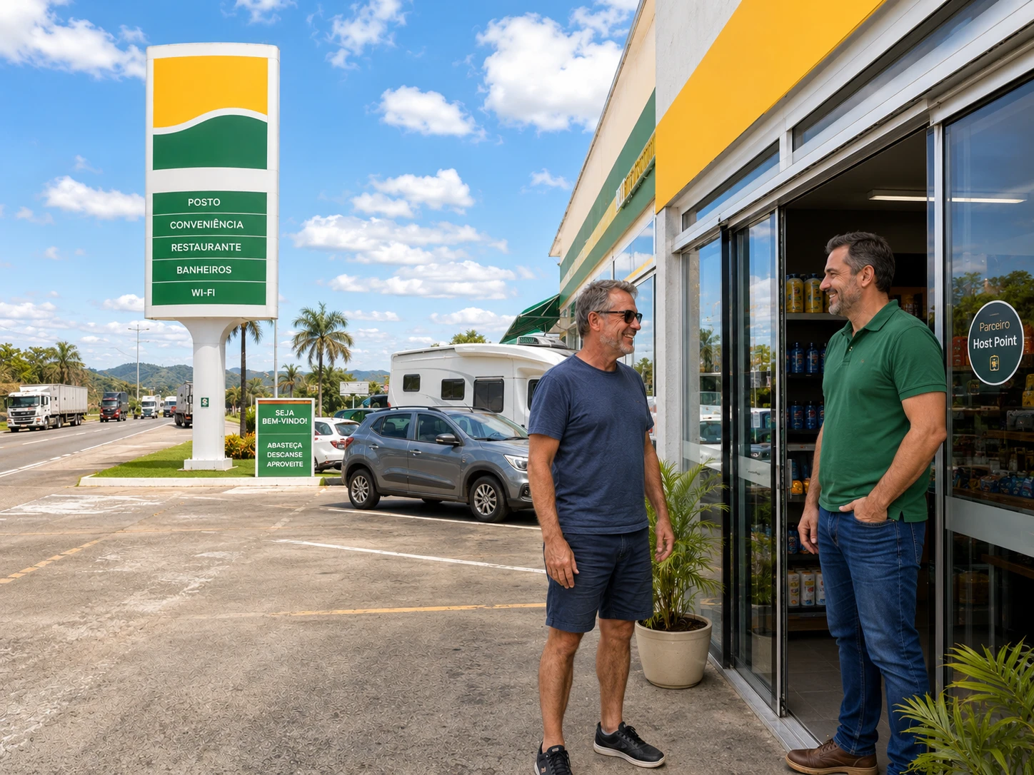 Viajante conversando com o responsável por um comércio de estrada, junto à entrada da loja