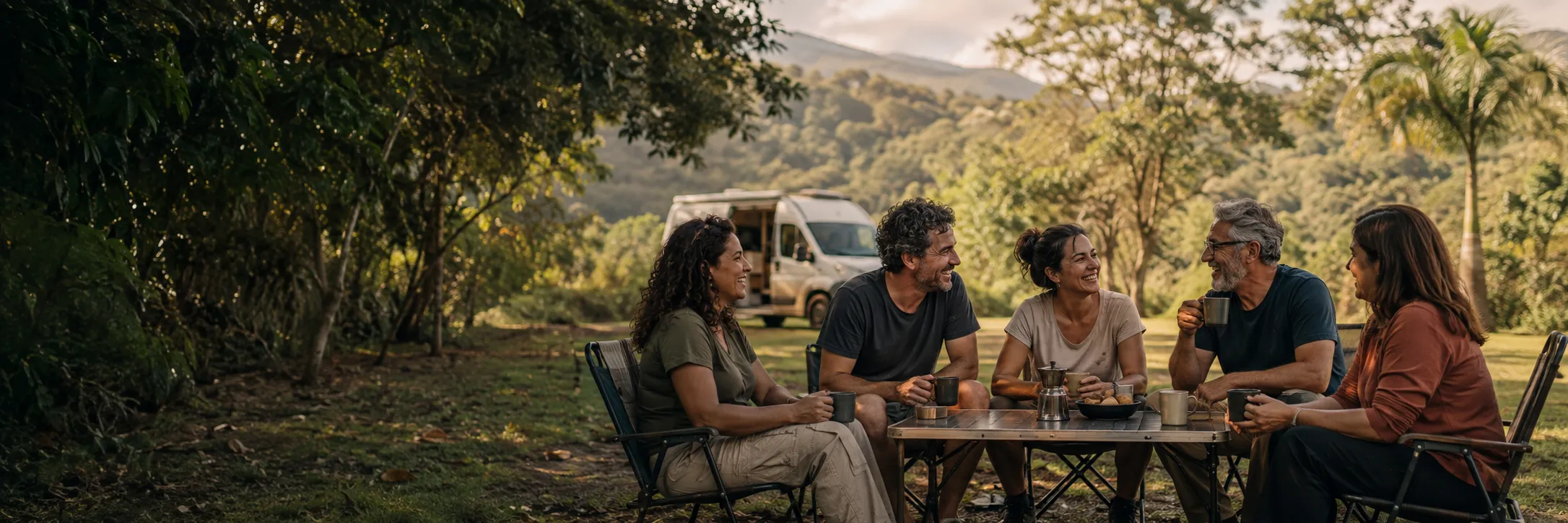 Viajantes compartilhando café e uma conversa ao ar livre, com uma van ao fundo