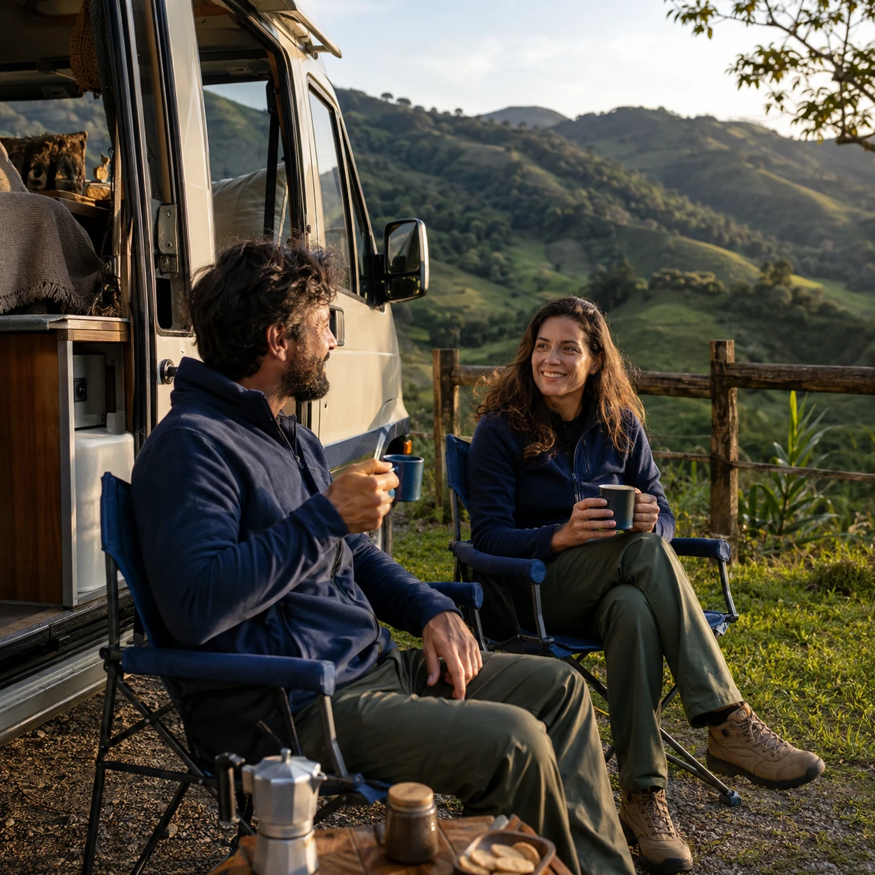 Casal descansando com uma xícara de café ao lado da van, diante de uma paisagem verde