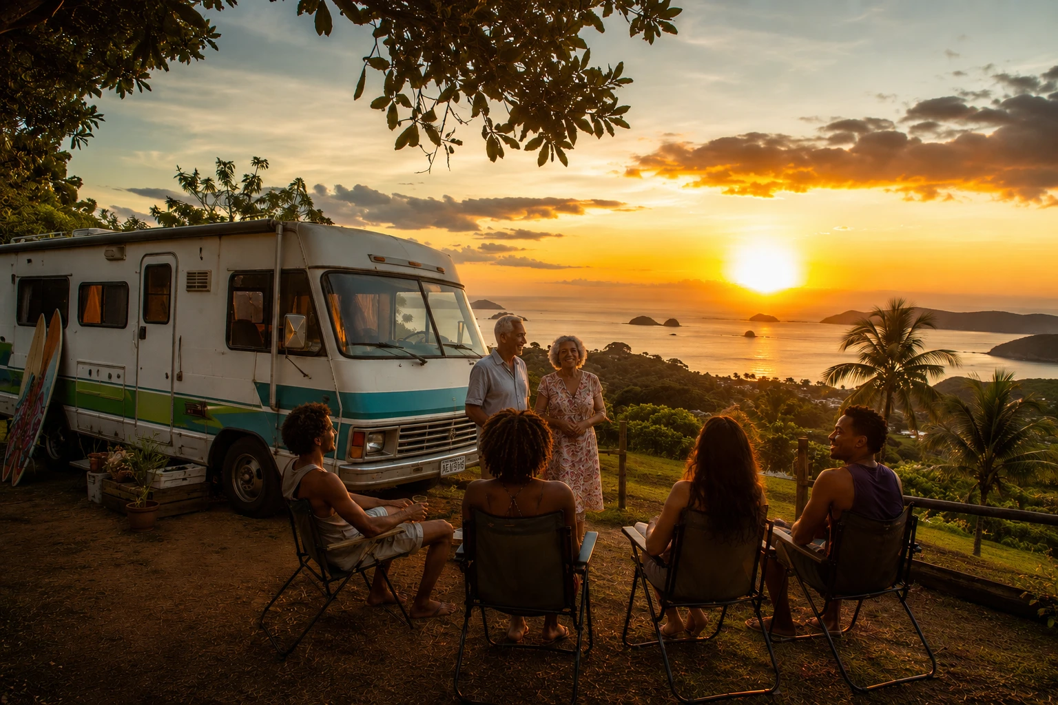 Viajantes reunidos ao lado de um motorhome ao pôr do sol